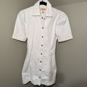 Lonestar 100% cotton White Denim Dress snap front puff sleeve mini size XS‎